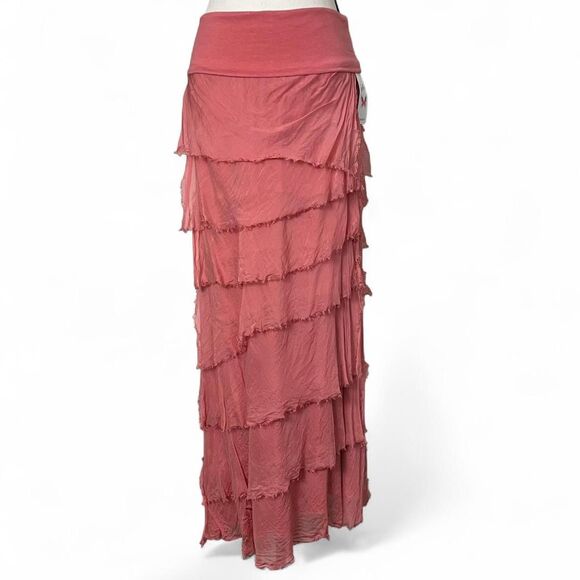 NWT Pink Tiered Silk Ruffle Maxi Skirt Gigi Moda Made in Italy Stretch Wasitband - Picture 1 of 8